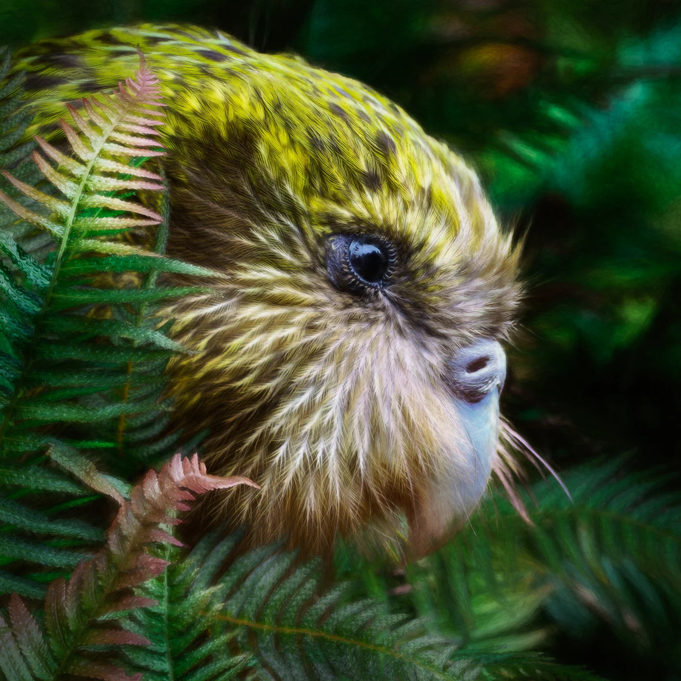 Artwork of a kakapo parrot amongst ferns