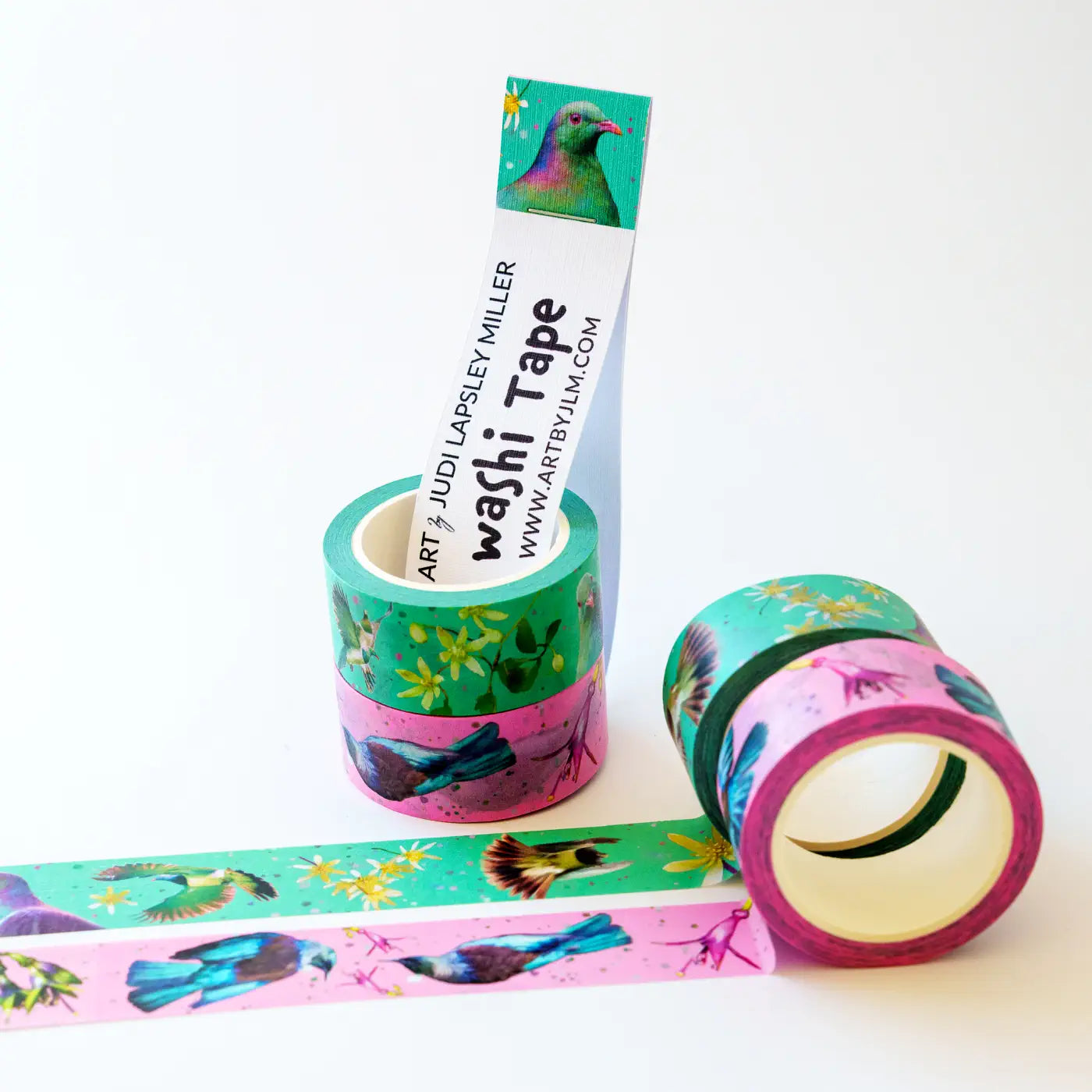 Washi tape featuring kereru and tui along with native flowers