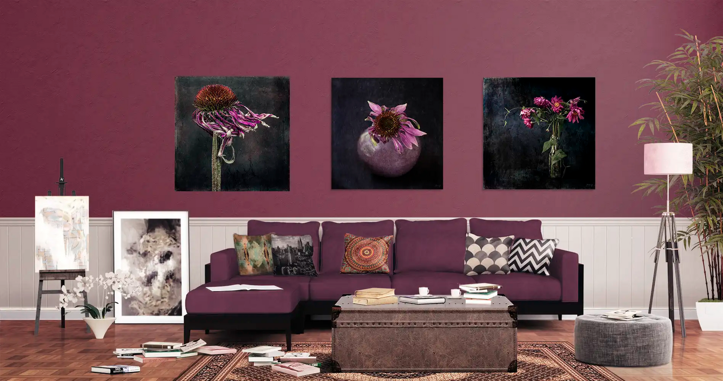 living room with large flower artworks