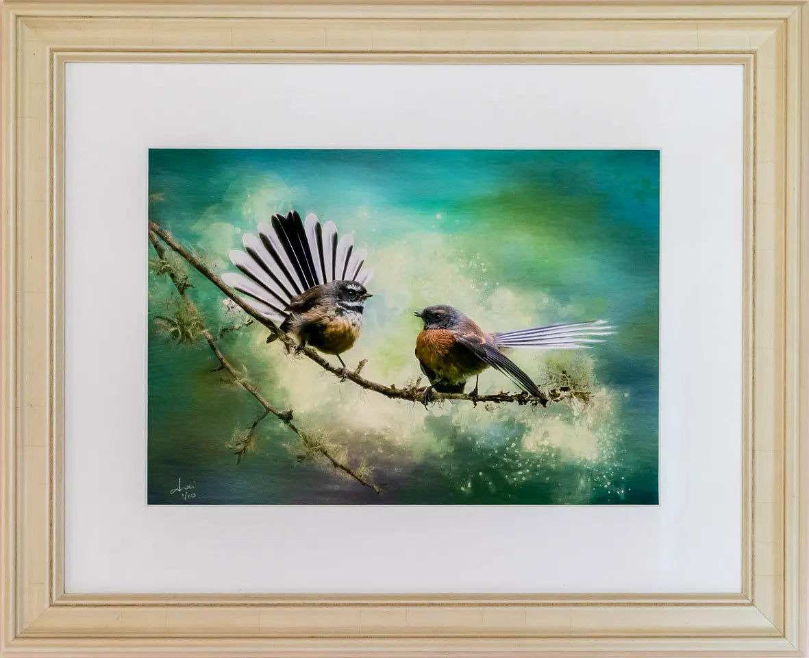 framed artwork of two fantails